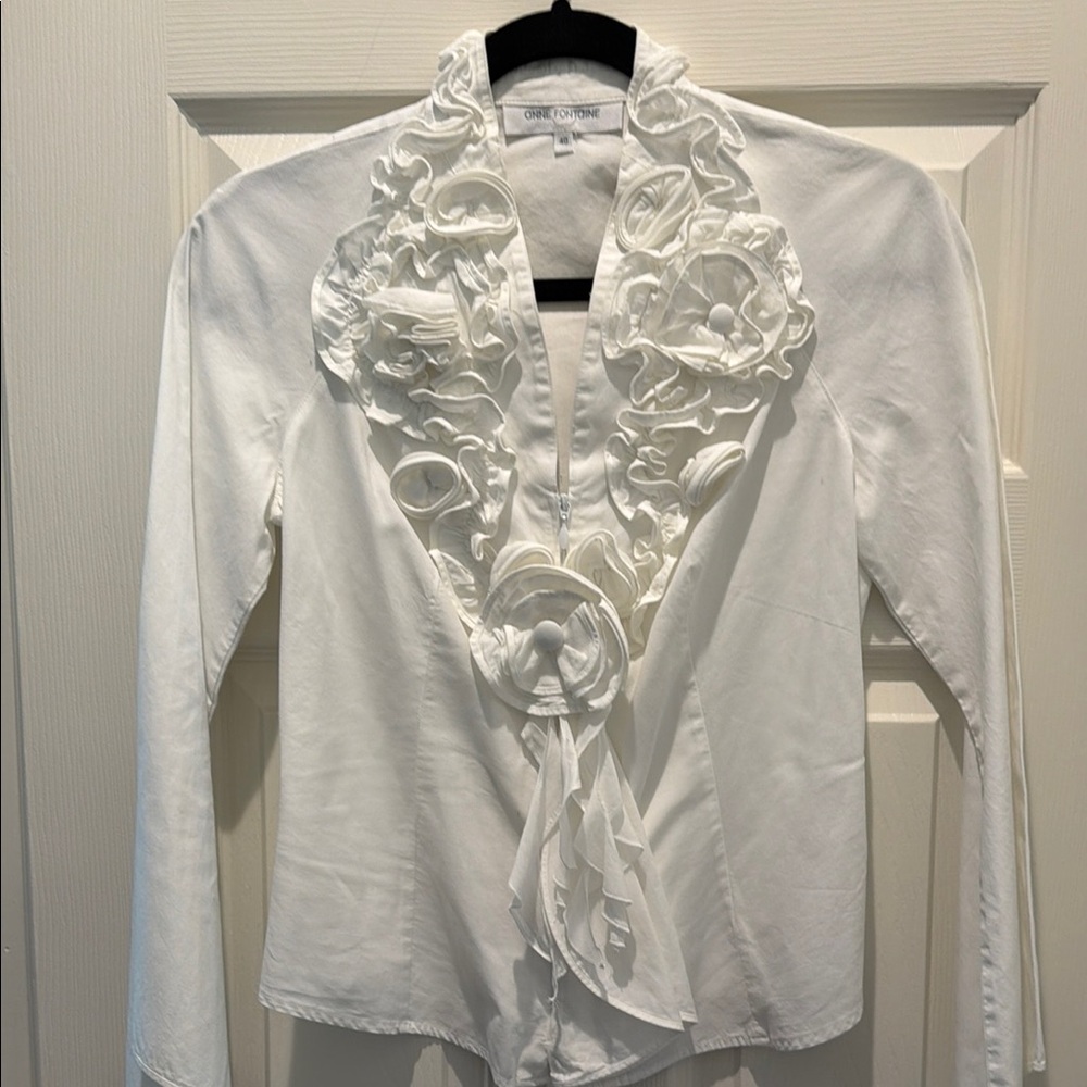 Anne Fontaine White Ruffle-Detail Zip Blouse w/ corset back. Sz 40